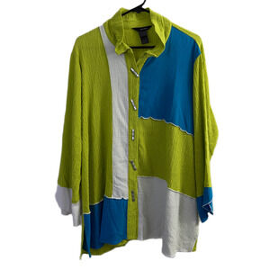 Ali Miles Top 0X Womens Tunic Blue Shirt Wire Collar Button Up Career Colorblock